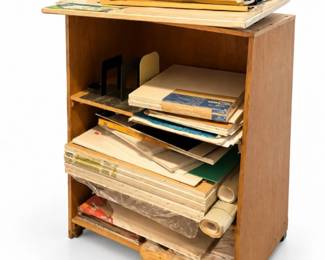 55 LargeLotofVintageArtSuppliesPaperCanvasShelving