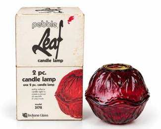 213 VintageIndianaGlassRubyRedPebbleLeafFairyLamp