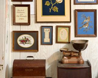Stunning Vtg framed needpoint, antique Singer, Scales