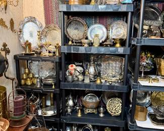 Extensive collection of vintage silver, silverplate, brass, and ornate serving pieces, including trays, platters, bowls, and decorative treasures!