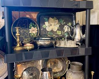 Extensive collection of vintage silver, silverplate, brass, and ornate serving pieces, including trays, platters, bowls, and decorative treasures!