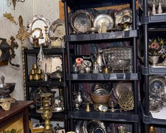 Extensive collection of vintage silver, silverplate, brass, and ornate serving pieces, including trays, platters, bowls, and decorative treasures!
