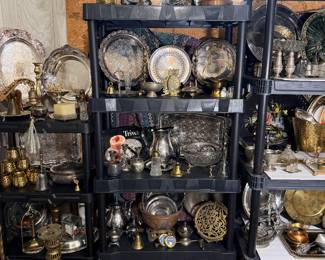 Extensive collection of vintage silver, silverplate, brass, and ornate serving pieces, including trays, platters, bowls, and decorative treasures!