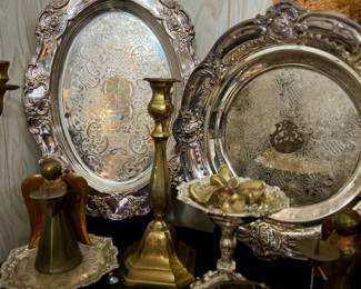 Extensive collection of vintage silver, silverplate, brass, and ornate serving pieces, including trays, platters, bowls, and decorative treasures!