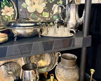 Extensive collection of vintage silver, silverplate, brass, and ornate serving pieces, including trays, platters, bowls, and decorative treasures!