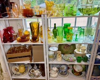Beautiful assortment of vintage colored glassware, Depression glass, china, pottery, and collectibles
