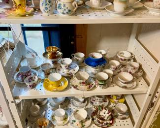 vintage floral teacups, saucers, and fine china