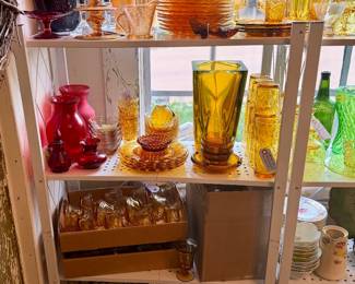 Beautiful assortment of vintage colored glassware, Depression glass, china, pottery, and collectibles