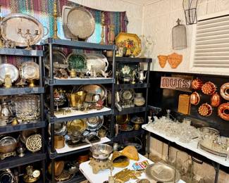 Extensive collection of vintage silver, silverplate, brass, and ornate serving pieces, including trays, platters, bowls, and decorative treasures!