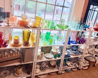 Beautiful assortment of vintage colored glassware, Depression glass, china, pottery, and collectibles