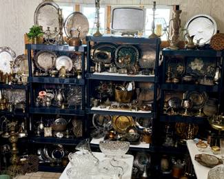 Extensive collection of vintage silver, silverplate, brass, and ornate serving pieces, including trays, platters, bowls, and decorative treasures!