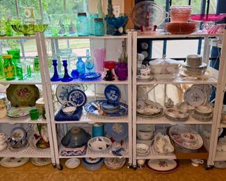 Beautiful assortment of vintage colored glassware, Depression glass, china, pottery, and collectibles