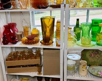 Beautiful assortment of vintage colored glassware, Depression glass, china, pottery, and collectibles