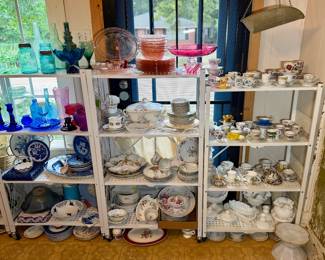 Beautiful assortment of vintage colored glassware, Depression glass, china, pottery, and collectibles