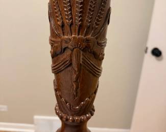 Queen-size impressive high-post Colonial Revival Rice bedframe carved from rich mahogany. From Marshall Fields. Includes canopy rails.