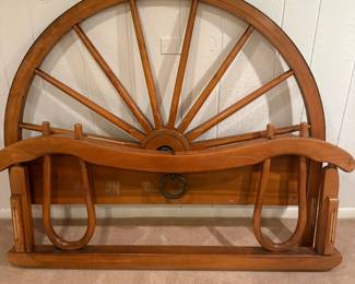 Hand-carved maple Wagon Wheel Bed frame (full size) and dressing table. Headboard is a wagon wheel; footboard is an oxen yolk. Dressing table with wagon wheel pulls - needs refinishing