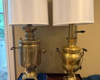 Two brass Russian Samovars made into lamps. LARGE. One Samovar has royal family seals