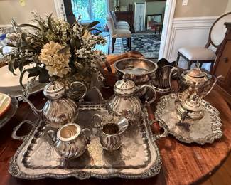 Silver tea serving pieces; substantial trays
