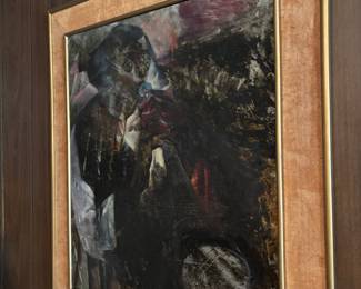 Framed abstract figural painting on paneled wall