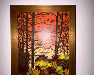 Framed sunset forest painting in wood frame