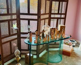 Carved wood lattice folding screen with glass console table