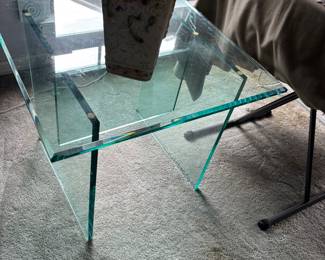Clear glass waterfall-style side table with box