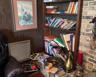 Den with bookshelves, framed print and brass decor