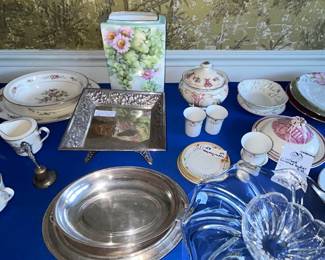China table with floral dinnerware, silverplate and crystal bowl