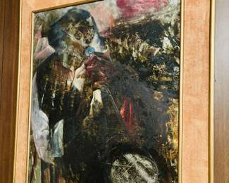 Framed abstract expressionist-style figural painting with linen liner