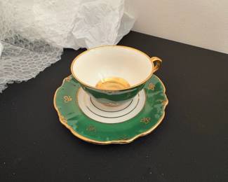 Vintage Green and Gold Porcelain Teacup and Saucer
