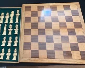Vintage Figural Wooden Chess Set with Storage Board