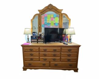 MidCentury Style Oak Triple Dresser with Trifold Mirror second image