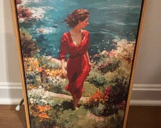 Coastal Cliff Gicle Print Woman in Red Dress