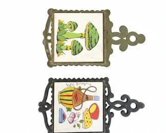 Set of Vintage s Cast Iron and Ceramic Tile Trivets fifth image