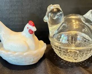 Milk  Clear Glass Hens on Nests