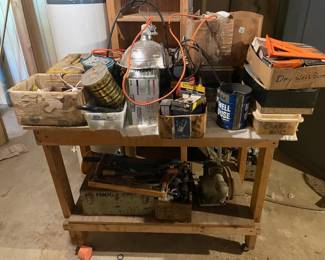 Wood Work Table on Wheels, Assortment of Nuts, Bolts, Screws,  More