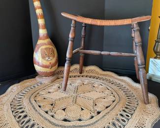 Vintage Hand Painted Cat Gourd, Wood  Rattan Stool, Woven Rattan Accent Rug