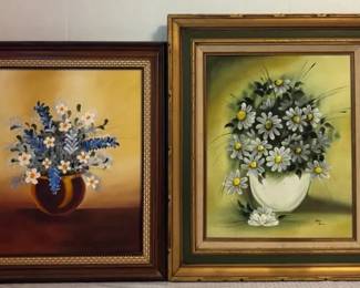 2 Floral Paintings on Canvas Framed  Matted