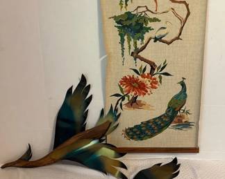2 Masketeers MCM Bird Wall Art with Wood  Metal Wings, Painted Bird Tapestry