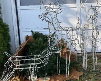Vintage Metal Reindeer Lawn Decor with Faux Xmas Tree and Lights