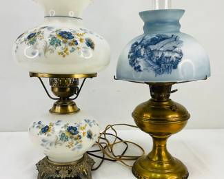 Painted Milk Glass and Scenic Glass Electric Parlor Lamps