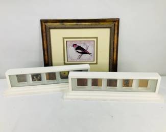 Framed Bird Print and Two Display Shelves