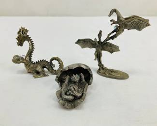 Cast Pewter Dragon Figurines with Crystal Accents