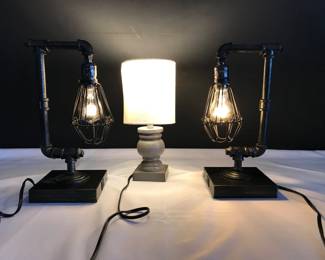 Pair of Industrial Pipe Table Lamps and Accent Lamp