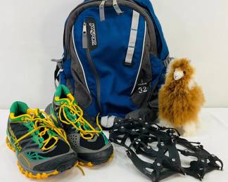 Jansport Backpack, La Sportiva Trail Running Shoes, Traction Cleats, and Plush Figurine
