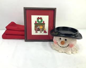Framed Christas Needlework and Snowman Candleholder