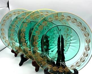 Vintage Green UVReactive Glass Plates with Gold Floral Trim Set of 4  Uranium Glass