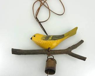 Vintage Metal Bird Wind Chime Wall Hanging Rustic Yellow Songbird Decor