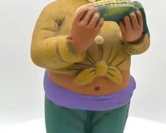 Vintage Mexican Folk Art Hand Painted Clay Man Figurine Holding Corn 12 