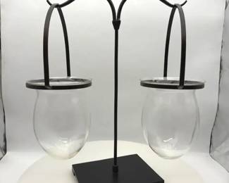Two Hanging Clear Glass Candle Holders with Black Metal Stand  18 Tall
